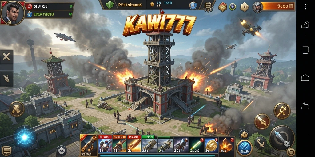 Tampilan gameplay seru KAWI777 dengan penempatan menara strategis.