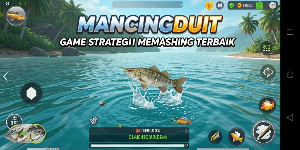 Tampilan gameplay MANCINGDUIT dengan aksi memancing yang seru.